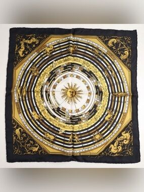 Authentic Hermes Black & Gold Zodiac Sun Silk Scarf 45